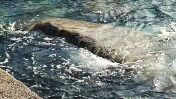 Movimiento lento de las olas en las rocas por la orilla en un mar Mediterráneo, HD — Vídeo de stock