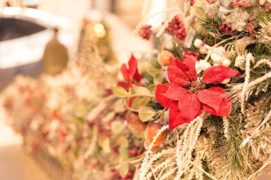 Noel sembolü olarak kırmızı suni noktalı çiçekleri olan şenlikli dekorasyon.