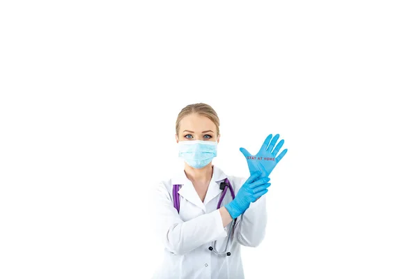 Young Female Doctor Protective Latex Gloves Coronavirus Message Stay Home — Stock Photo, Image