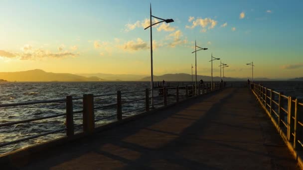 Ποδήλατο Μονοπάτι Στο Ηλιοβασίλεμα Hercilio Luz Γέφυρα Στο Παρασκήνιο Florianopolis — Αρχείο Βίντεο
