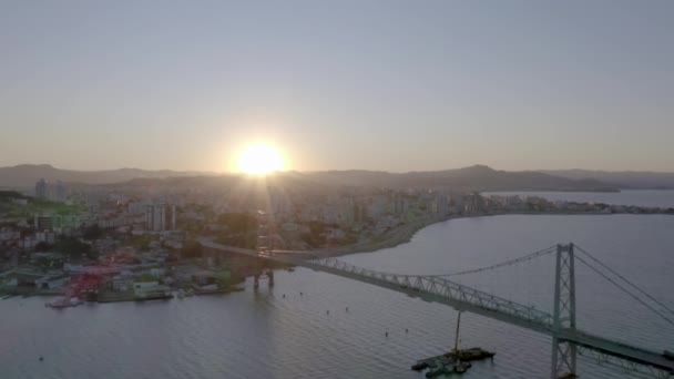 Night Drone Flight Hercilio Luz Bridge Florianopolis Santa Catarina Brazil — Stock Video