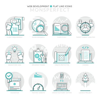Infographic simgeler öğeleri Web geliştirme hakkında. Düz ince çizgi