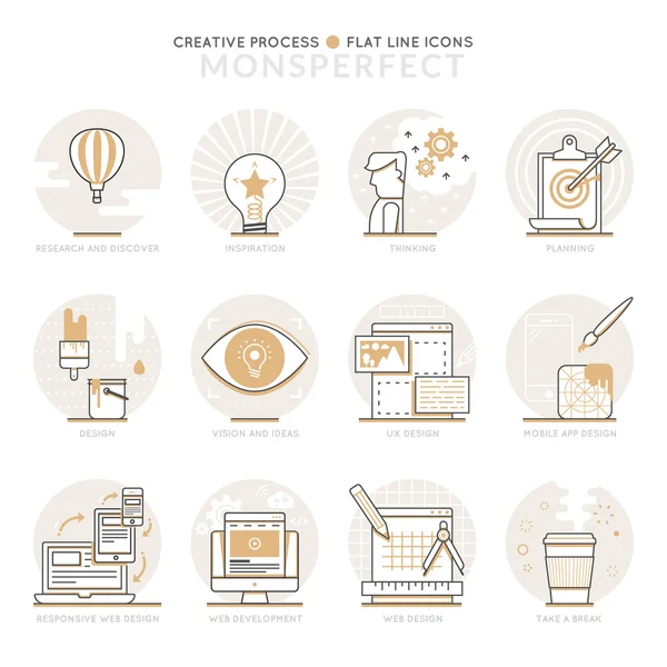 Iconos de Infografía Elementos sobre Proceso Creativo. Lin delgada plana — Vector de stock