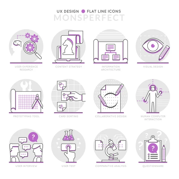 Iconos de Infografía Elementos sobre el diseño de UX. Iconos planos de línea delgada — Vector de stock