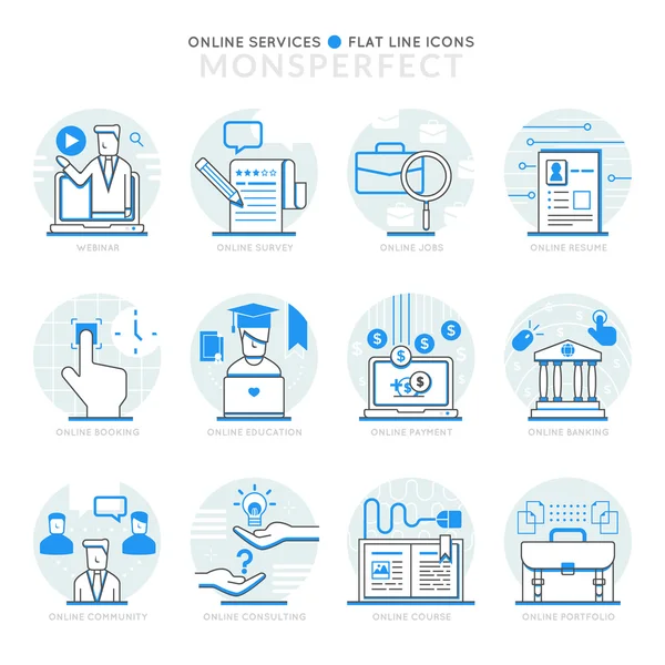 Infographic ikonok elemek Online szolgáltatásokról. Átalányadó vékony vonal — Stock Vector