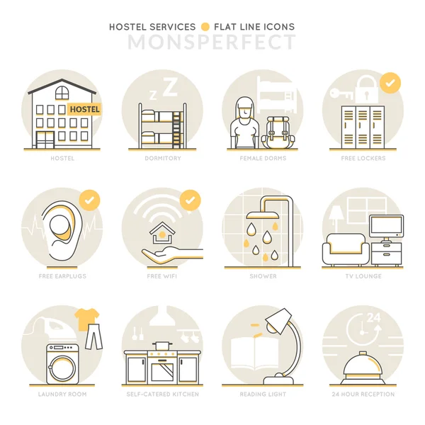 Icone infografiche Elementi su Hostel Servizi. Linea sottile piatta — Vettoriale Stock