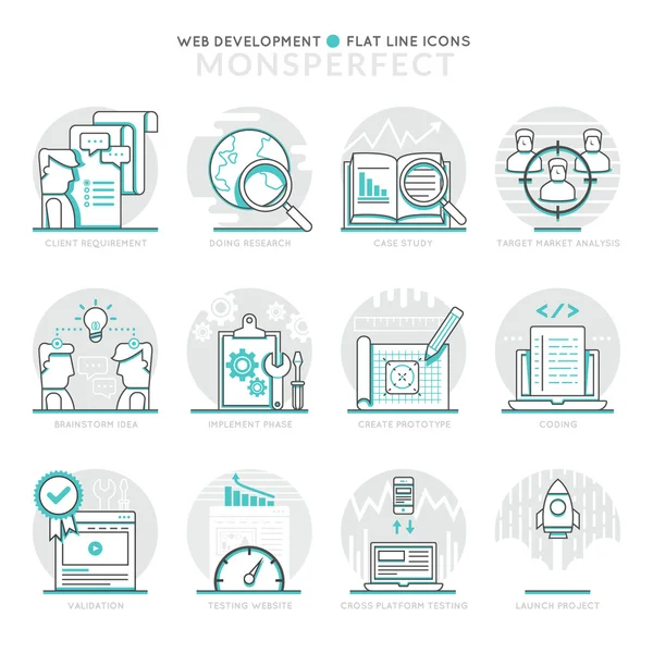 Infographic simgeler öğeleri Web geliştirme hakkında. Düz ince çizgi
