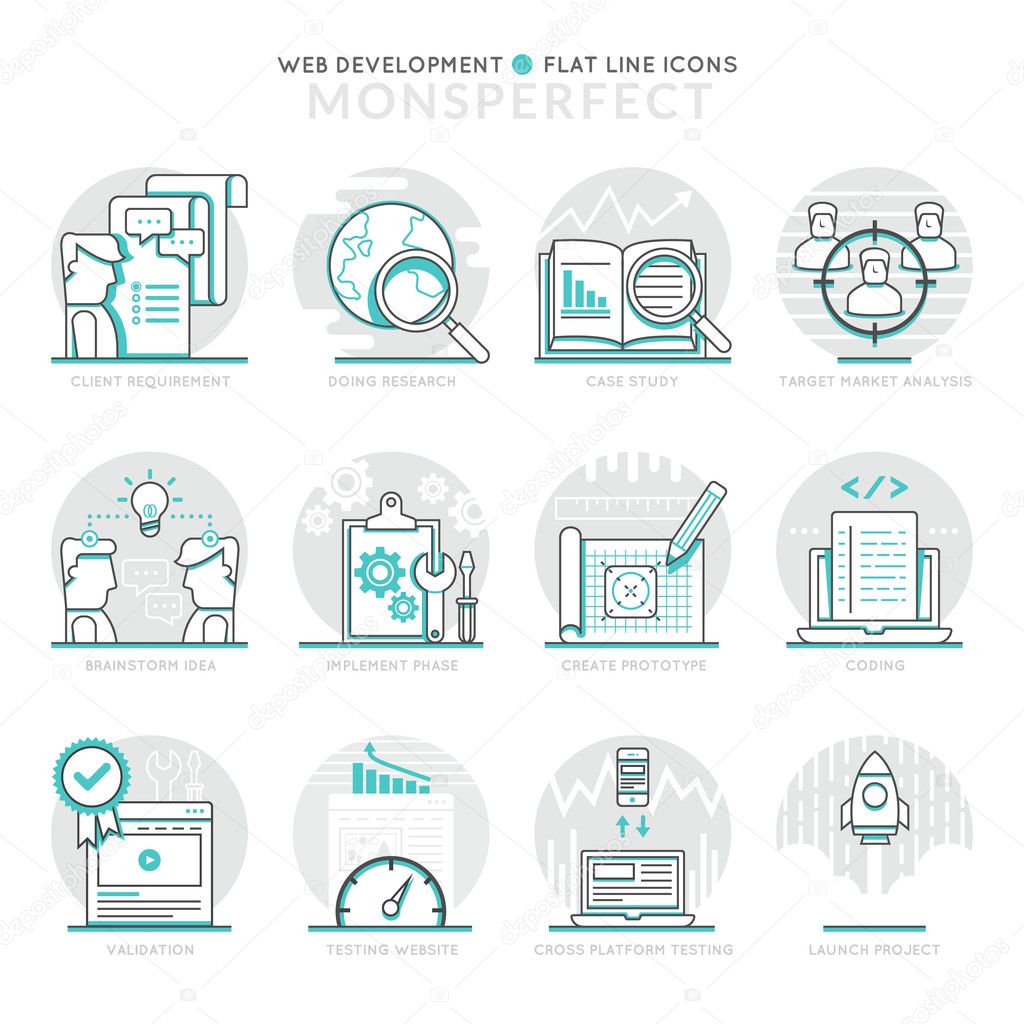 Infographic Icons Elements about Web Development. Flat Thin Line Icons Set Pictogram for Website and Mobile Application Graphics.