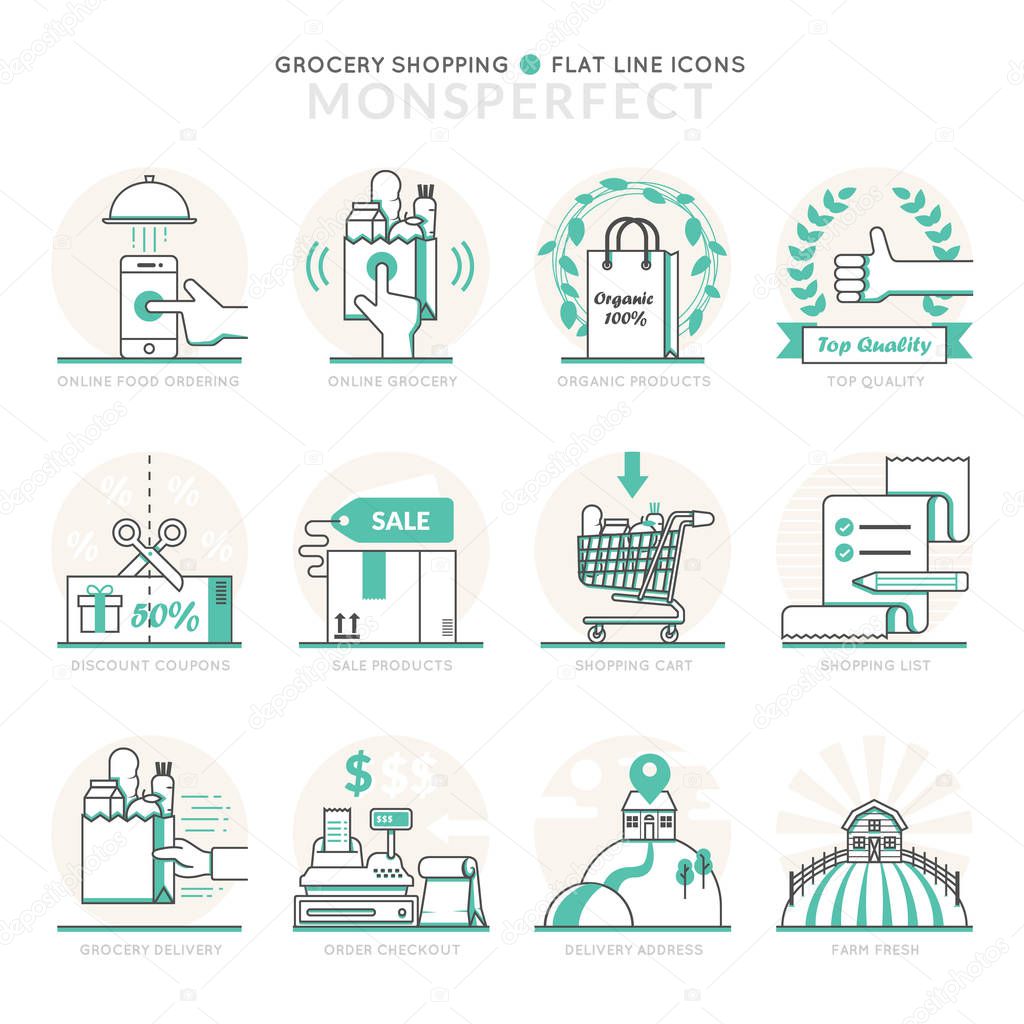 Infographics Icons Elements about Grocery Shopping. Flat Thin Line Icons Set Pictogram for Website and Mobile Application Graphics.