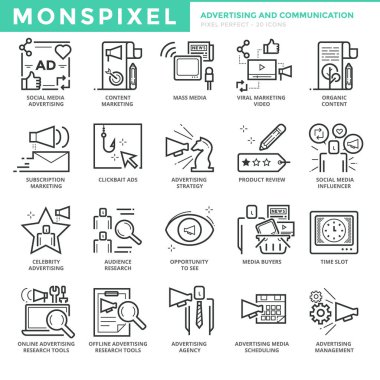 Reklam ve iletişim düz ince çizgi Icons set