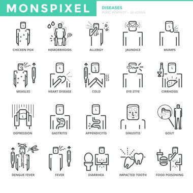Hastalık ve semptom düz ince çizgi Icons set