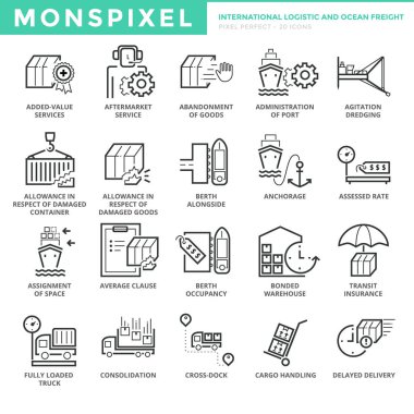 Flat thin line Icons set of International Logistic and Ocean Freight clipart