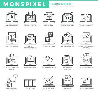Düz ince çizgi Icons set Online iş