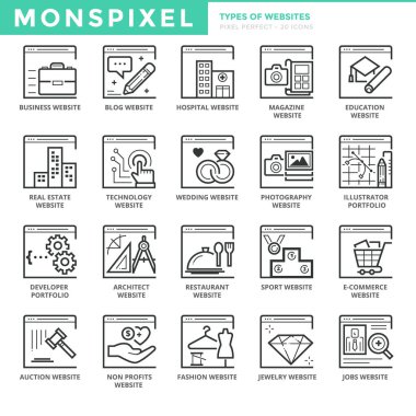 Düz ince çizgi Icons set web sitelerinin türleri