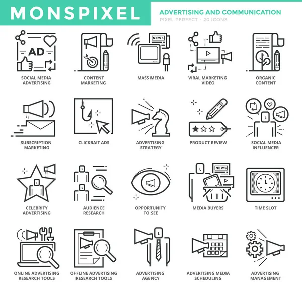 Icônes de ligne mince plat ensemble de publicité et de communication — Image vectorielle