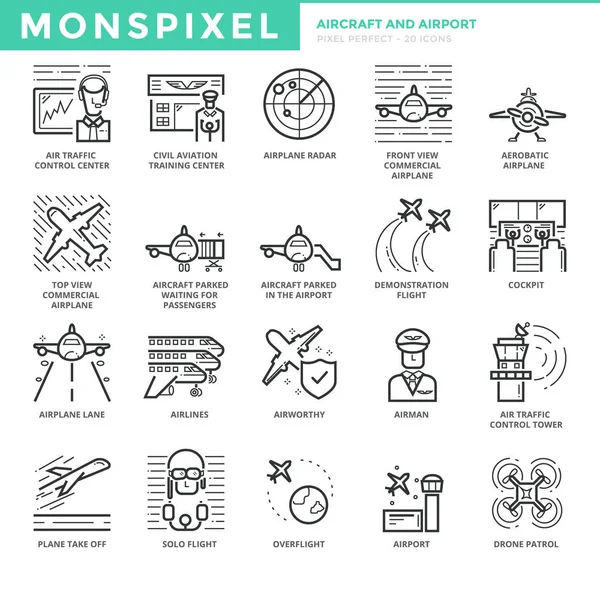 Flat thin line Icons set of Aircraft and Airport — Stock Vector