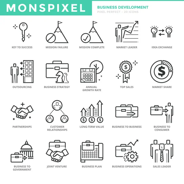 Ligne mince plate Icônes ensemble de développement des affaires — Image vectorielle