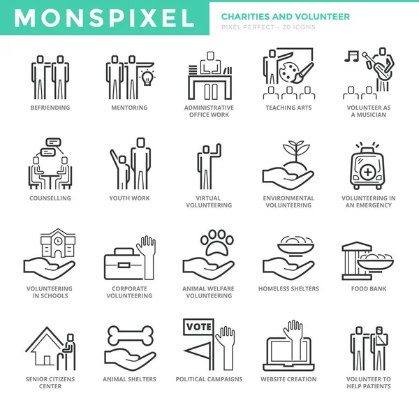 Icônes ligne mince plat ensemble d'organismes de bienfaisance et de bénévolat — Image vectorielle