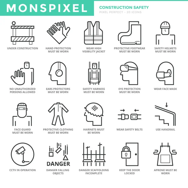 Conjunto de iconos de línea delgada plana de industria de la construcción y seguridad de edificios — Vector de stock