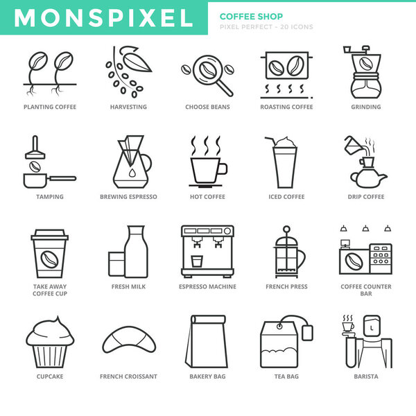 Flat thin line Icons set of Coffee Shop