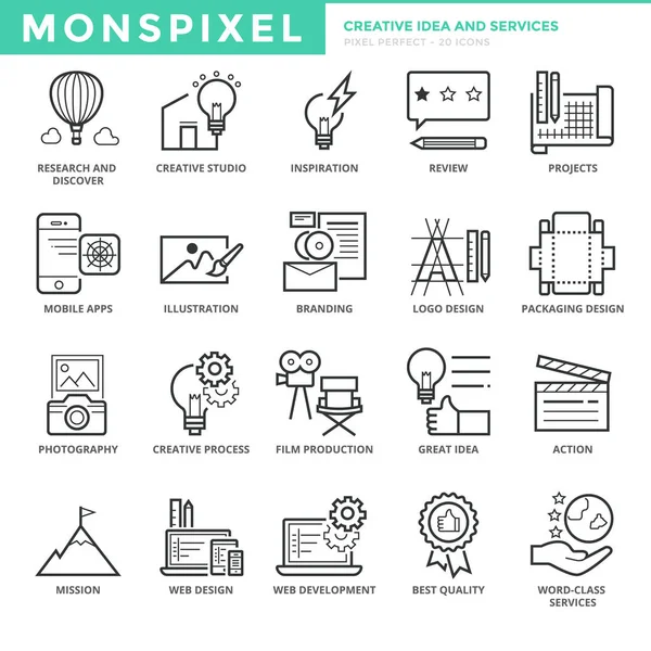Conjunto de iconos de línea delgada plana de ideas y servicios creativos — Archivo Imágenes Vectoriales