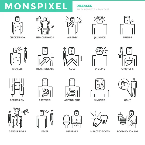 Ligne mince plate Icônes ensemble de maladies et symptômes — Image vectorielle