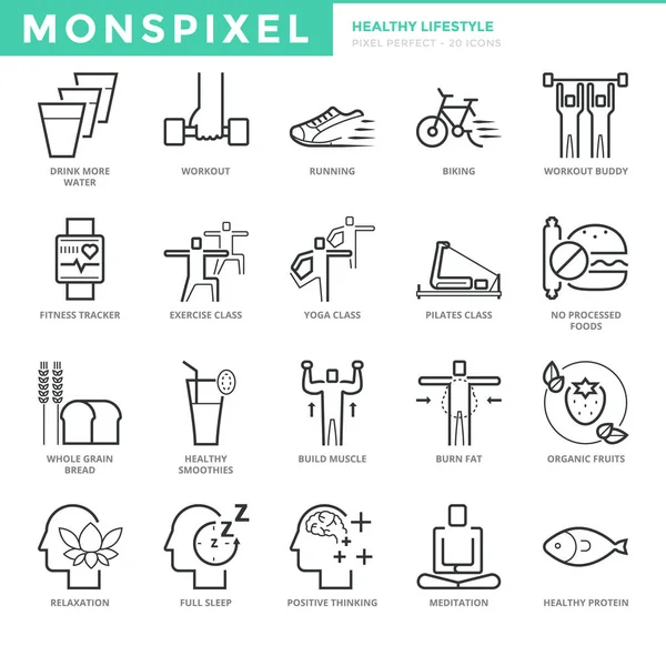 Ligne mince plate Icônes ensemble de mode de vie sain — Image vectorielle
