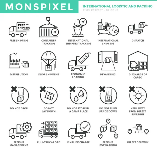 Плоскі тонку лінію набір іконок міжнародного логістичного-упаковки. — стоковий вектор