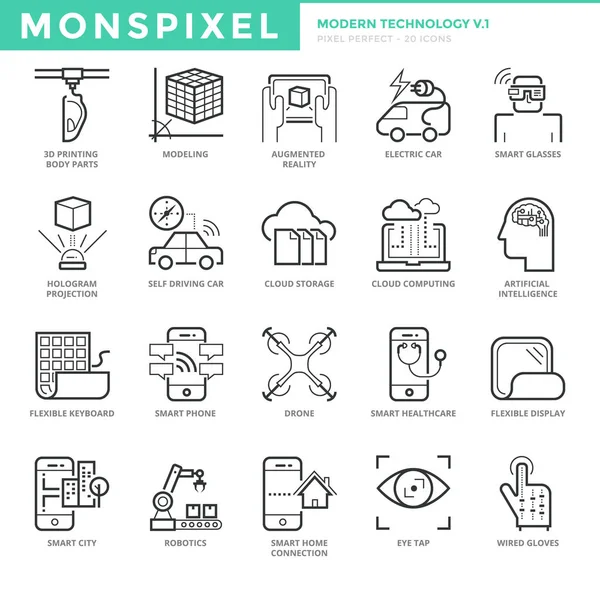 Conjunto de iconos de línea delgada plana de tecnología moderna — Vector de stock