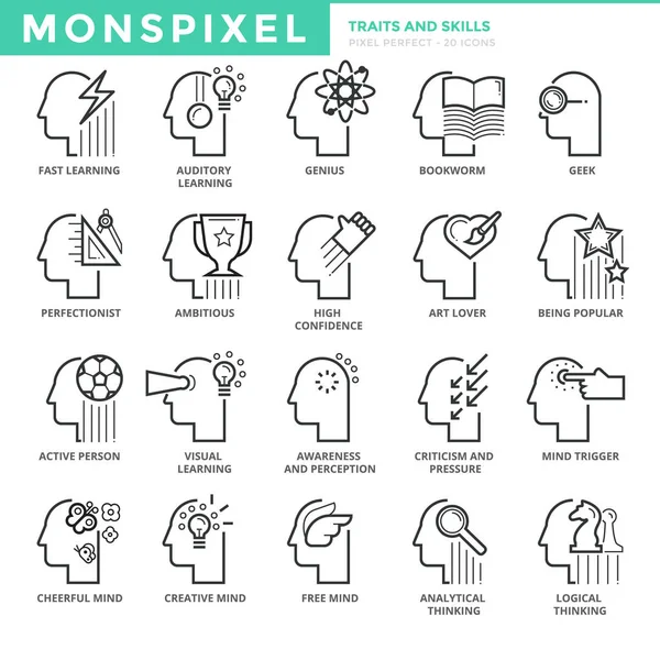 Özellikleri ve becerileri düz ince çizgi Icons set