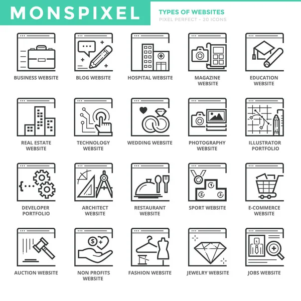 Flat thin line Icons set of Types Of Websites — Stock Vector