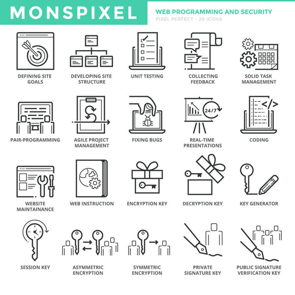 Плоская тонкая линия Icons набор веб-программирования и безопасности
