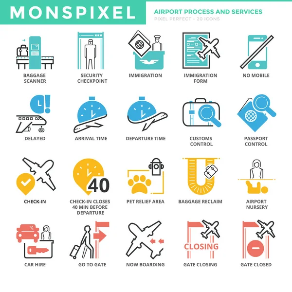 Flat thin line Icons set of Airport Process and Services — Stock Vector