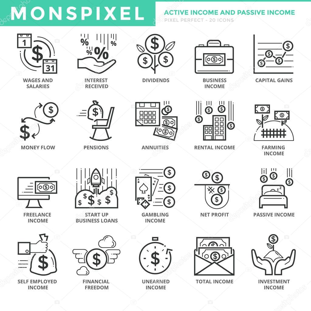 Flat thin line Icons set of Active Income and Passive Income. Pixel Perfect Icons. Simple mono linear pictogram pack stroke vector logo concept for web graphics