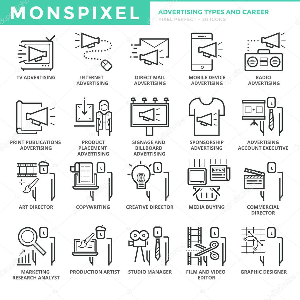 Flat thin line Icons set of Advertising Types and Career. Pixel Perfect Icons. Simple mono linear pictogram pack stroke vector logo concept for web graphics.