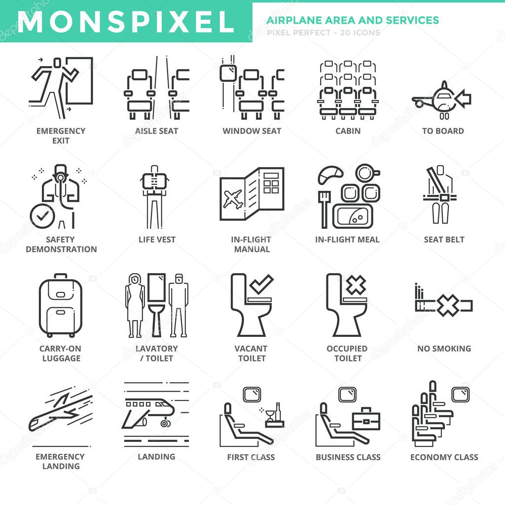 Flat thin line Icons set of Airplane Area and Airport Services. Pixel Perfect Icons. Simple mono linear pictogram pack stroke vector logo concept for web graphics