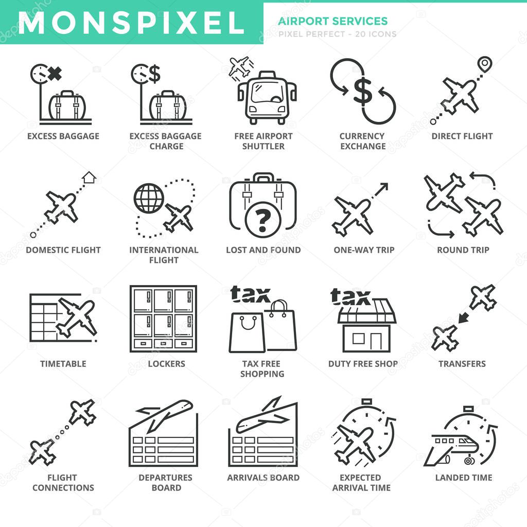 Flat thin line Icons set of Airport Services. Pixel Perfect Icons. Simple mono linear pictogram pack stroke vector logo concept for web graphics