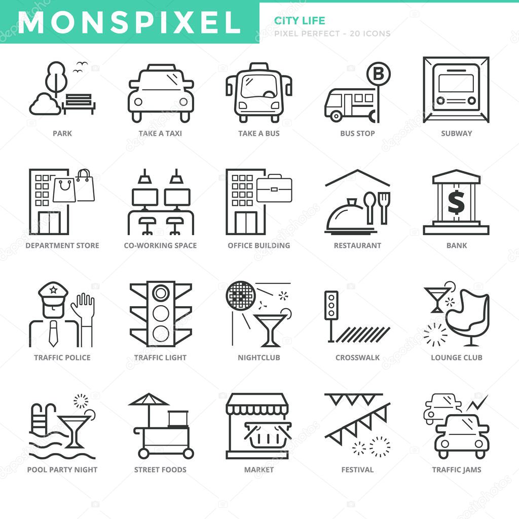 Flat thin line Icons set of City life. Pixel Perfect Icons. Simple mono linear pictogram pack stroke vector logo concept for web graphics.