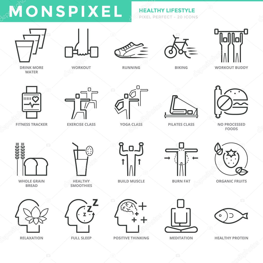 Flat thin line Icons set of Healthy Lifestyle. Pixel Perfect Icons. Simple mono linear pictogram pack stroke vector logo concept for web graphics.