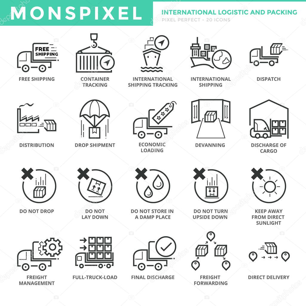 Flat thin line Icons set of International Logistic and Packing. Pixel Perfect Icons. Simple mono linear pictogram pack stroke vector logo concept for web graphics.