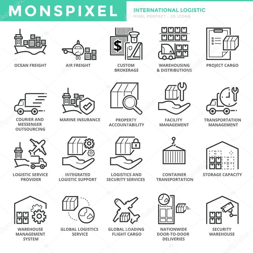 Flat thin line Icons set of International Logistic . Pixel Perfect Icons. Simple mono linear pictogram pack stroke vector logo concept for web graphics