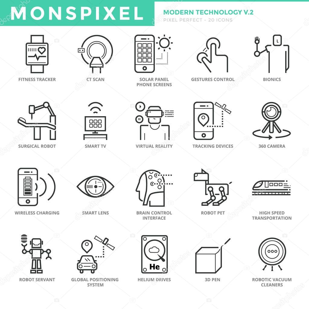 Flat thin line Icons set of Modern Technology. Pixel Perfect Icons. Simple mono linear pictogram pack stroke vector logo concept for web graphics.