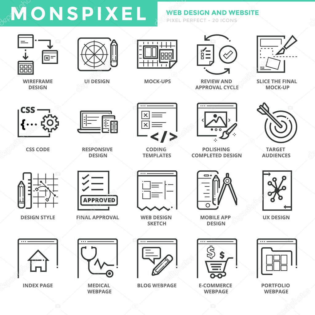 Flat thin line Icons set of Web Design and Websites. Pixel Perfect Icons. Simple mono linear pictogram pack stroke vector logo concept for web graphics