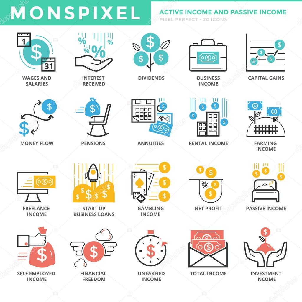 Flat thin line Icons set of Active Income and Passive Income. Pixel Perfect Icons. Simple mono linear pictogram pack stroke vector logo concept for web graphics