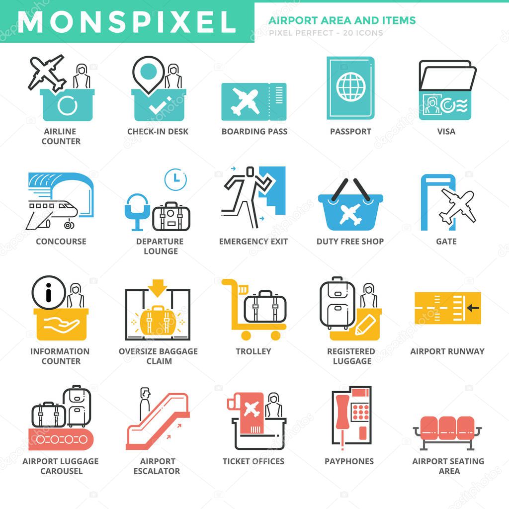 Flat thin line Icons set of Airport Area and Items. Pixel Perfect Icons. Simple mono linear pictogram pack stroke vector logo concept for web graphics