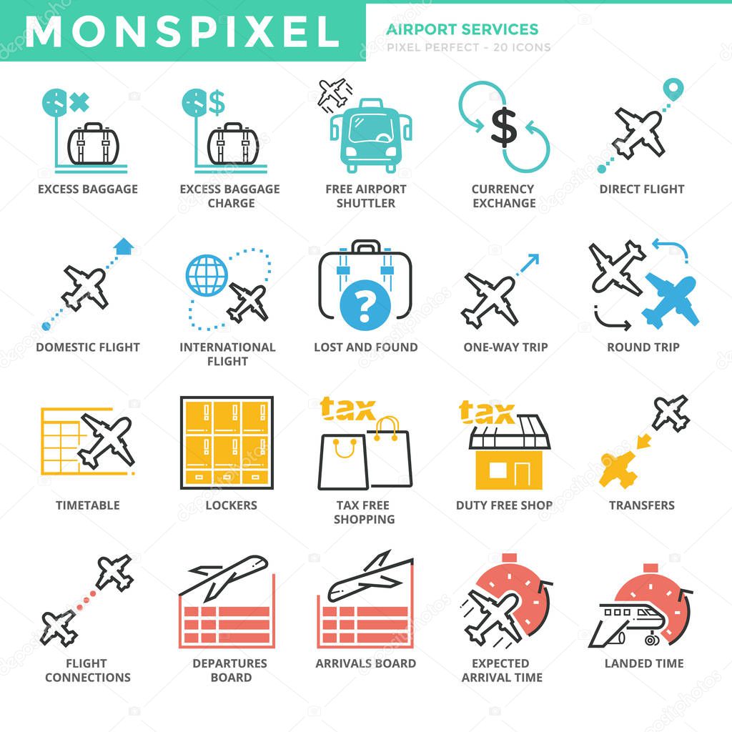 Flat thin line Icons set of Airport Services. Pixel Perfect Icons. Simple mono linear pictogram pack stroke vector logo concept for web graphics