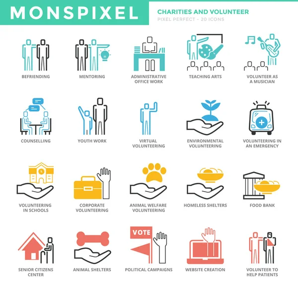 Icônes ligne mince plat ensemble d'organismes de bienfaisance et de bénévolat — Image vectorielle