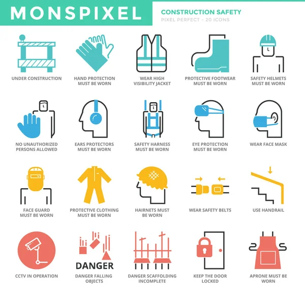 Flat thin line Icons set of Construction Industry And Building Safety — Stock Vector