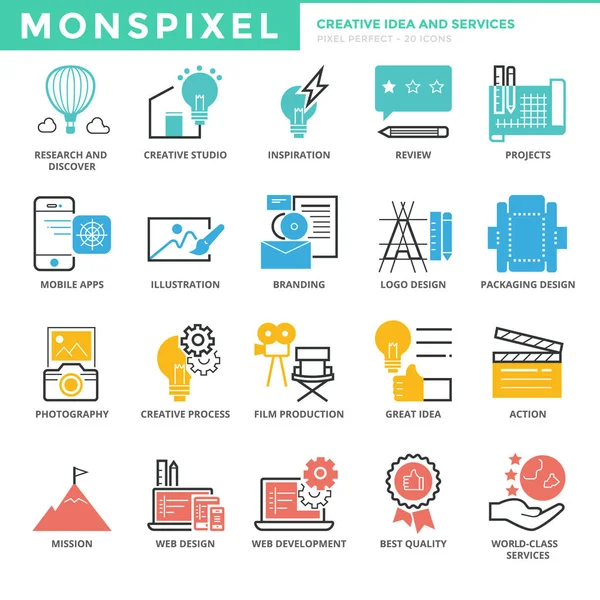 Platt tunn linje ikoner set av kreativ idé och tjänster. — Stock vektor
