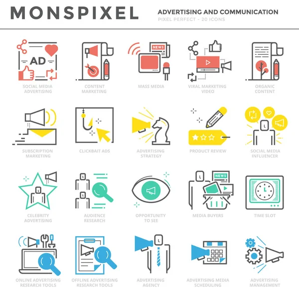 Conjunto de iconos de línea delgada plana de publicidad y comunicación — Archivo Imágenes Vectoriales